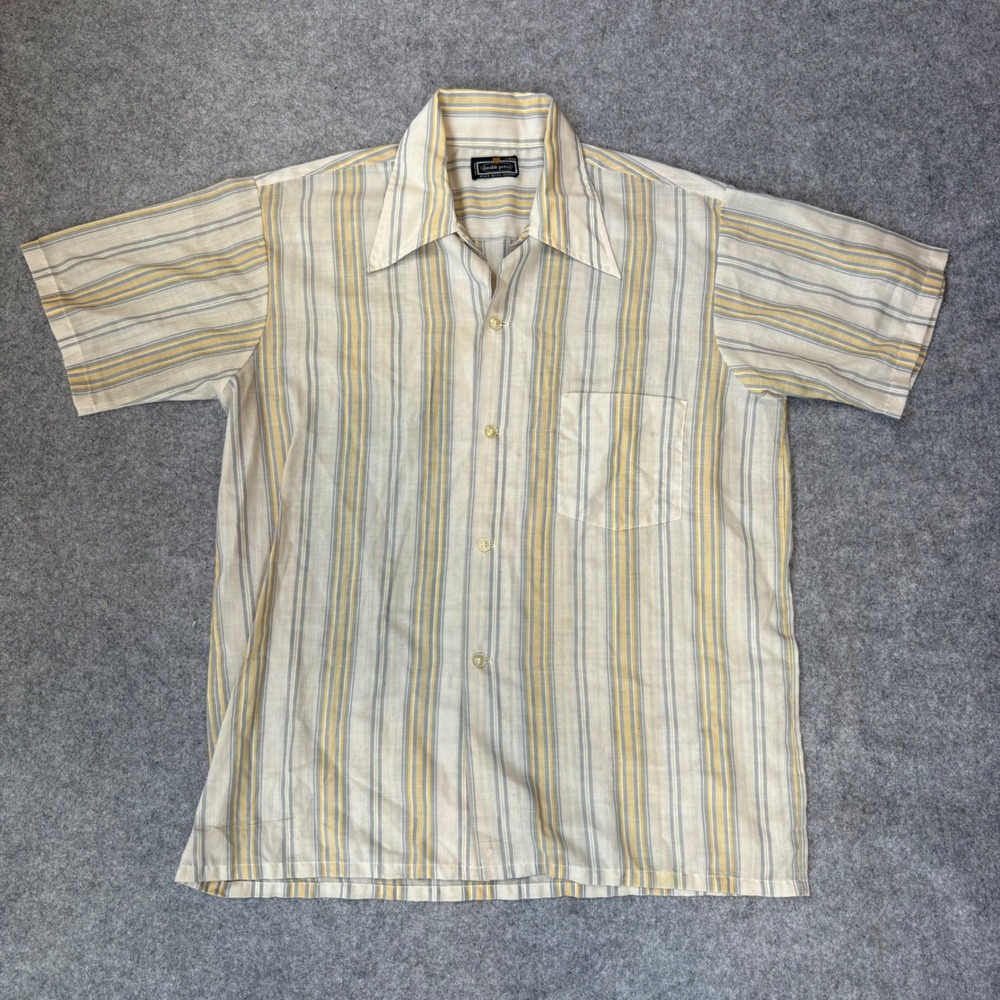 Vintage Durable Press 70s Striped Short Sleeve Button Down Shirt Yellow Grey M